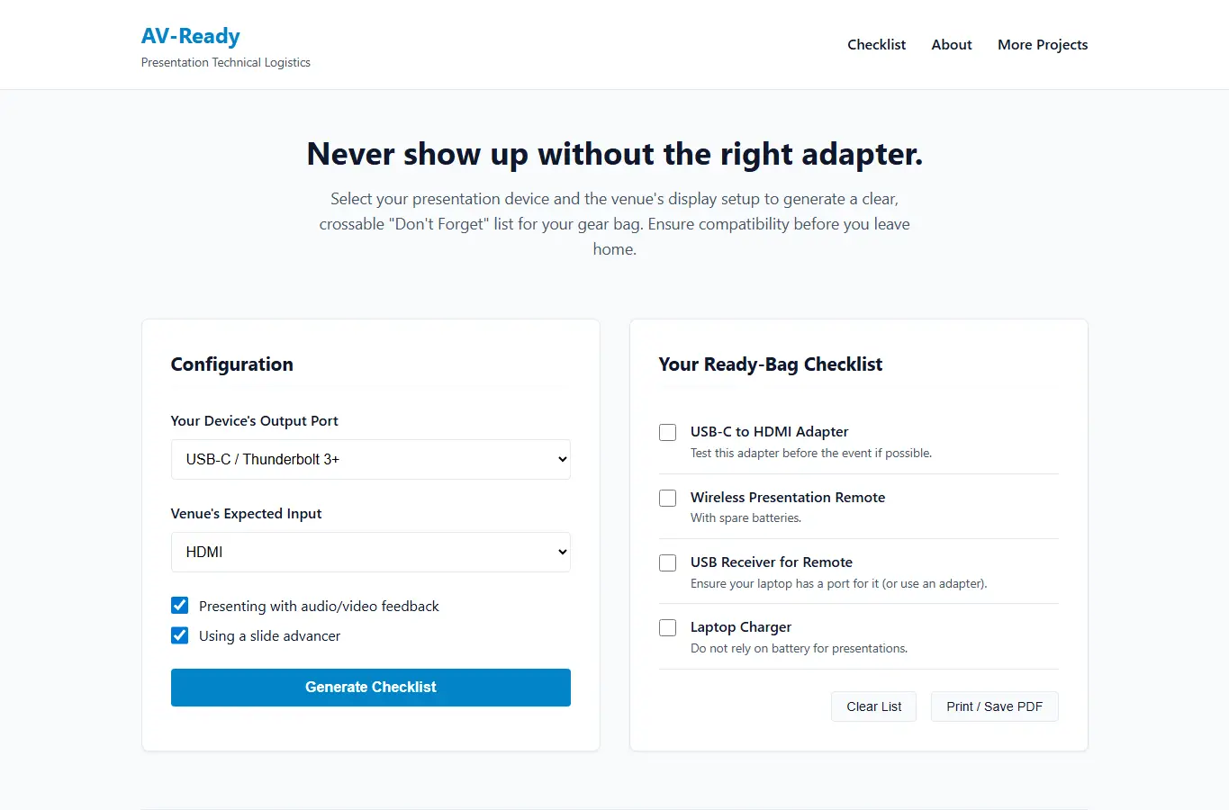 Screenshot of AV-Ready: Presentation Technical Checklist interface showing the project page in use